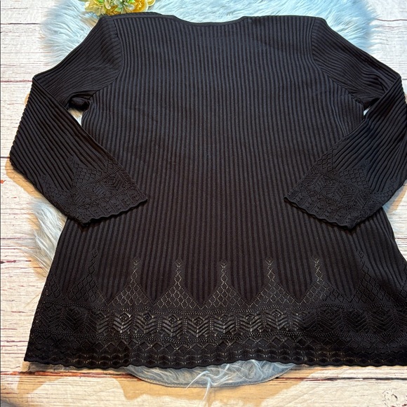 Exclusively Misook Black Ribbed Lace Trim Open Front Cardigan sz L - Picture 7 of 7